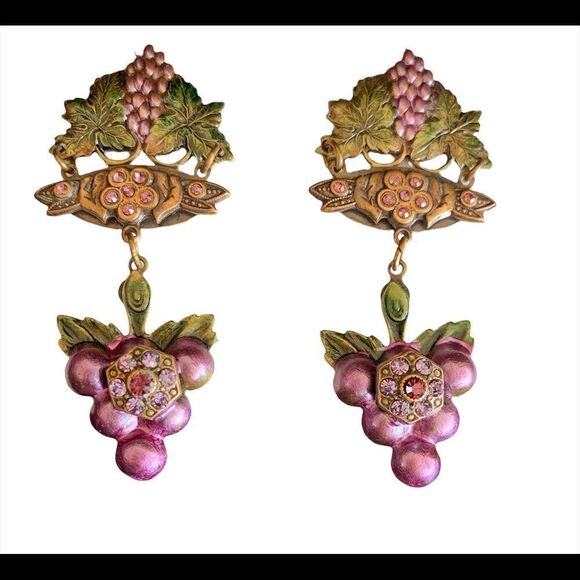 Vtg Banana Bob Fruit of the vine theme enamel grape dangle earrings pierced - Picture 7 of 14